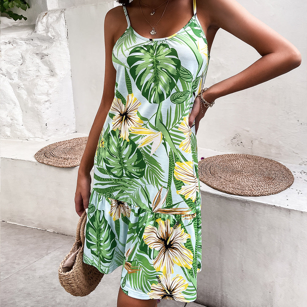 Women's Tropical Print Casual Resort Slip Dress with Lace-Up Back