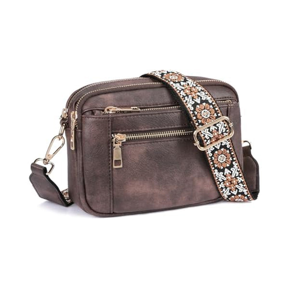 Chic Triple-Zipper Crossbody Bag with Floral Strap - Multi-functional