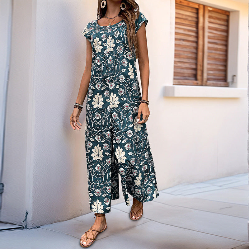Bohemian Floral Print Wide Leg Jumpsuit