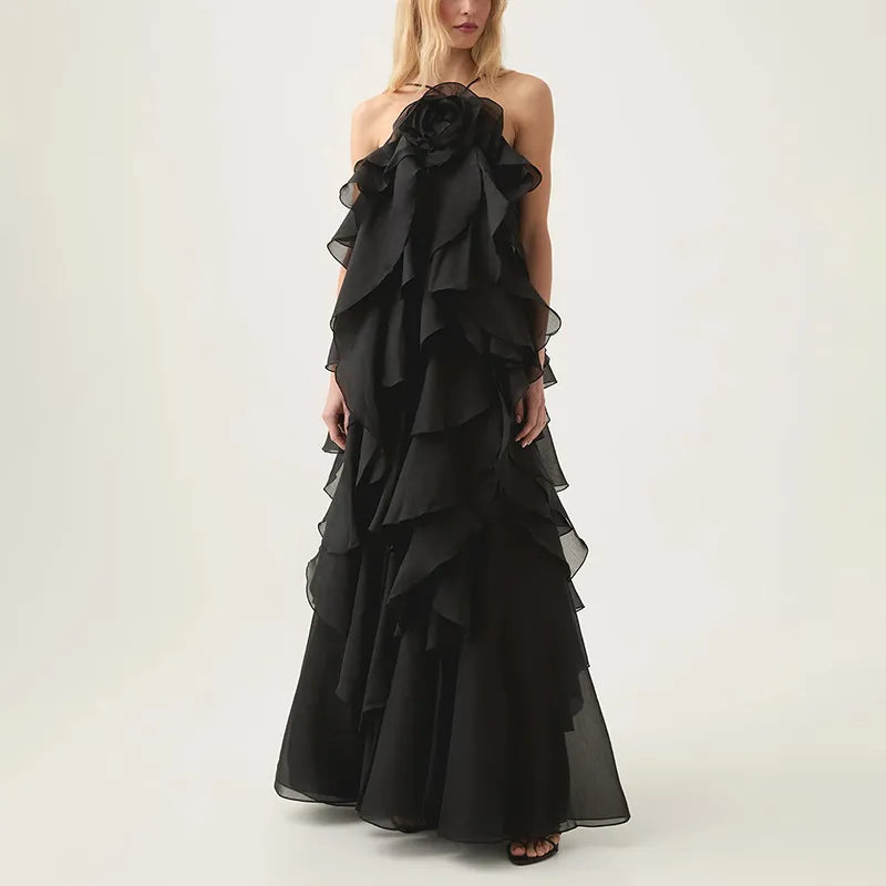 Women's Ruffled Patchwork Gown - Elegant Long Maxi Dress