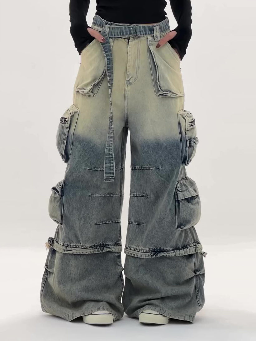Trendy Ombre High-Waist Baggy Cargo Jeans