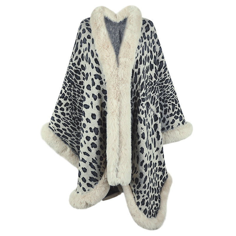 Cozy Leopard Print Faux Fur Trim Autumn Winter Kimono Style Cape Cardigan