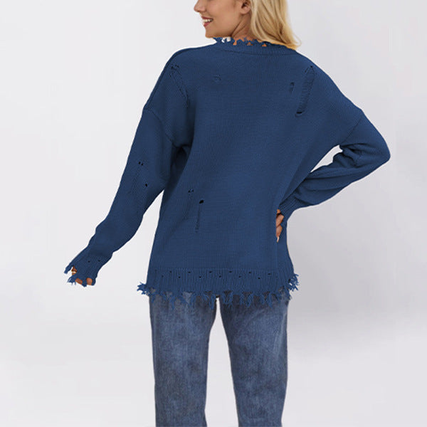 Loose Fit Distressed American Flag Knit Pullover Sweater