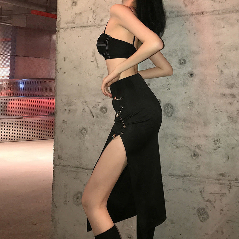 Edgy High Waisted Slim Fit Black Midi Skirt with Daring Side Slit and Safety Pin Detail