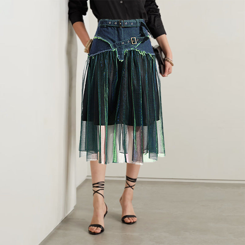 Fashion Forward Denim Tulle Midi Skirt with Adjustable Belted Waist