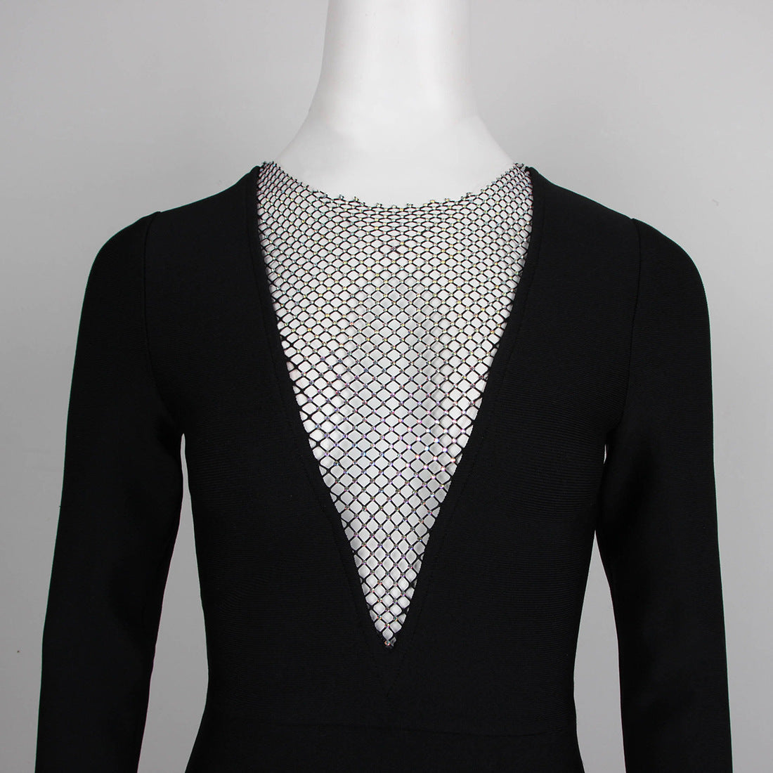 Sleek Black Long Sleeve Party Mini Dress with Dazzling Mesh Detail