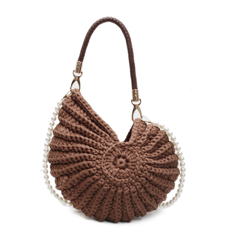 Handmade Woven Shell Handbag with Pearl Strap Unique Crochet Shoulder Bag