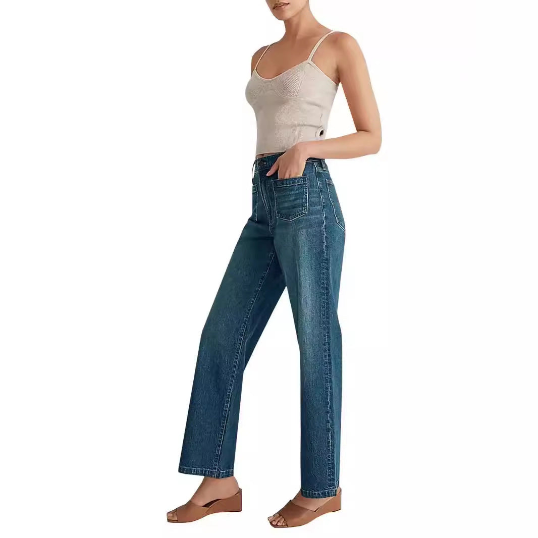 Women's High Waist Washed Wide Leg Denim Jeans with Square Pockets