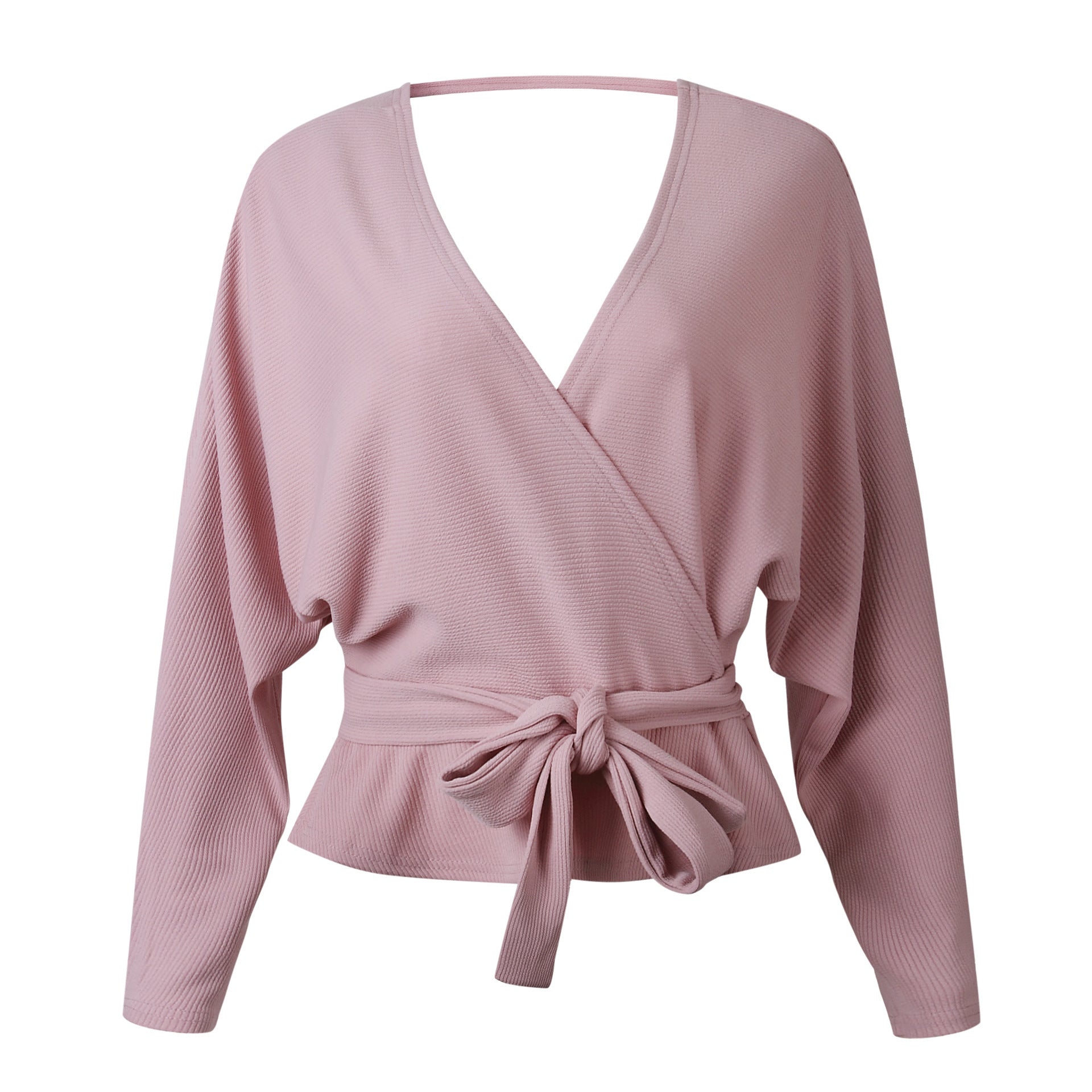 Elegant V-Neck Crossover Knit Wrap Top with Tie Waist