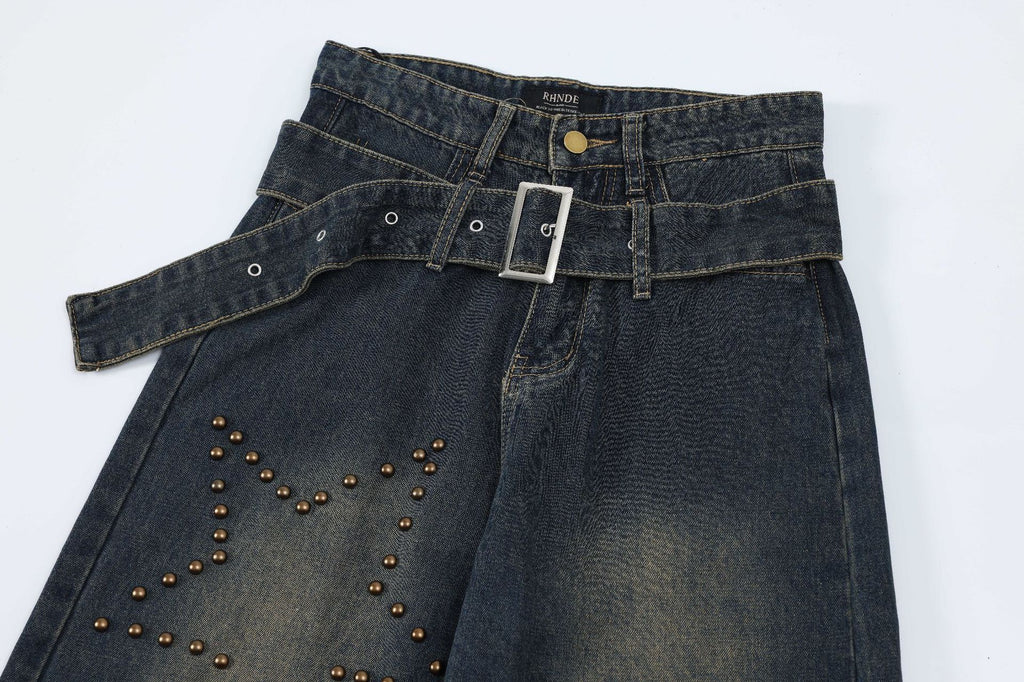 Retro Washed Studded Straight-Leg Baggy Denim Jeans