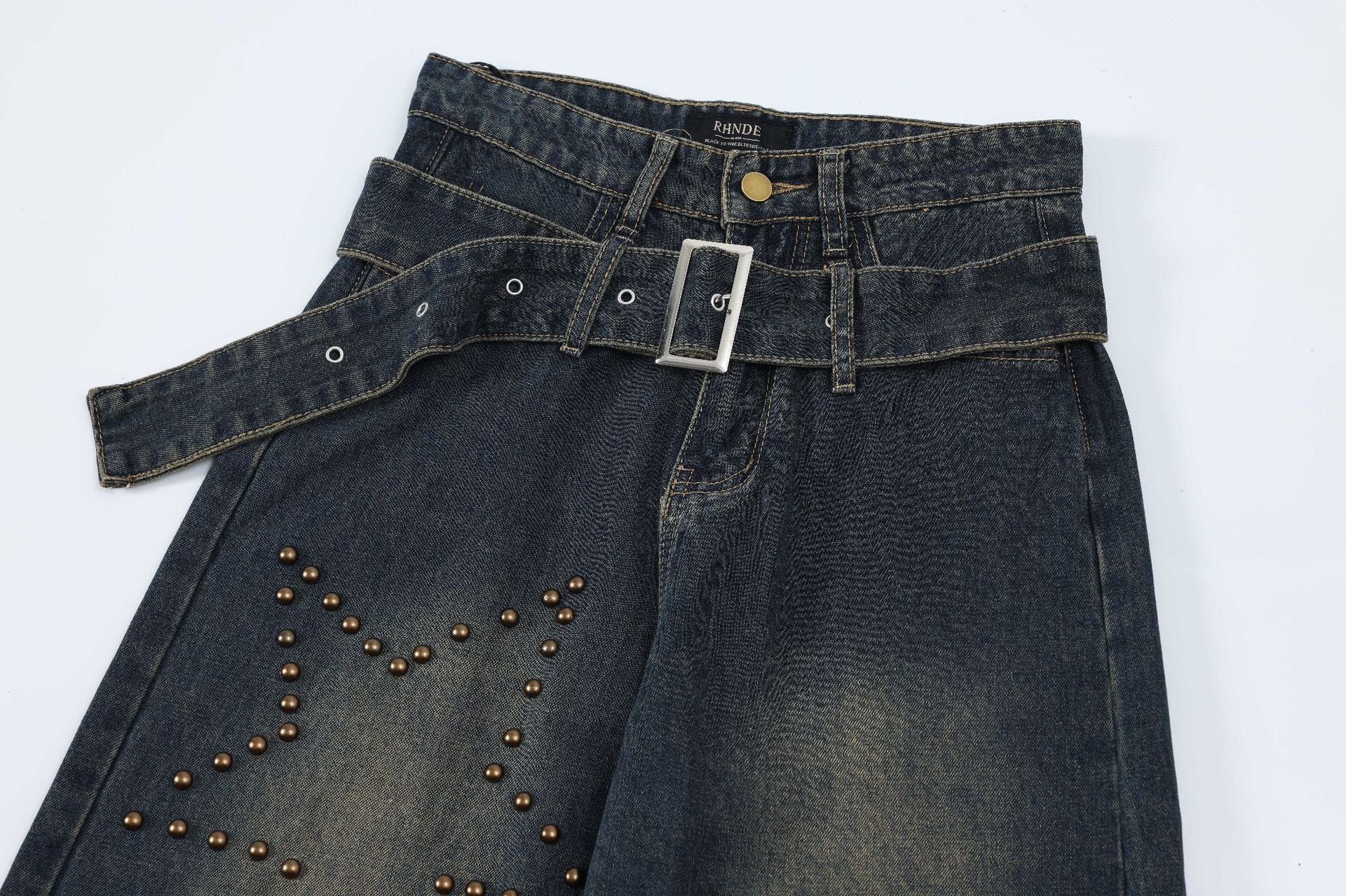 Retro Washed Studded Straight-Leg Baggy Denim Jeans