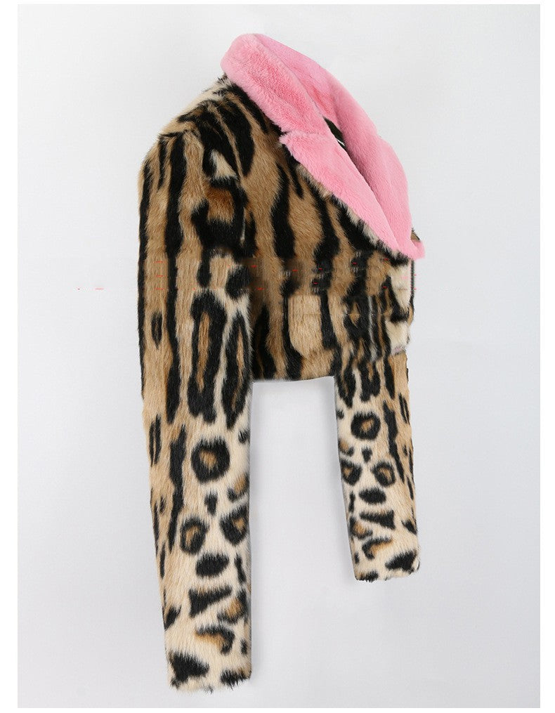 Chic Leopard Print Faux Fur Crop Jacket with Pink Lapel