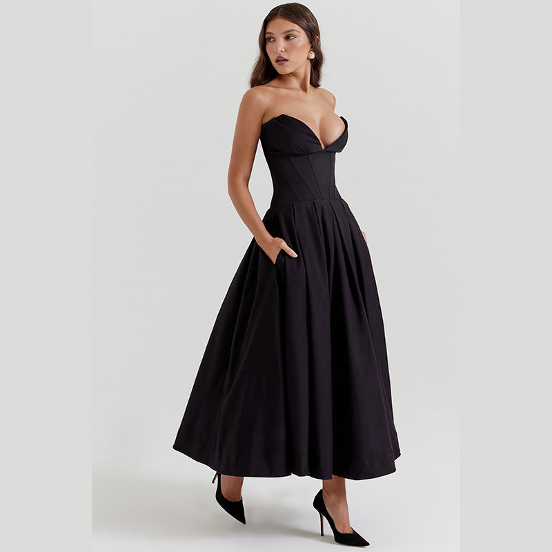 Elegant Strapless Corset Midi Dress - Evening & Party
