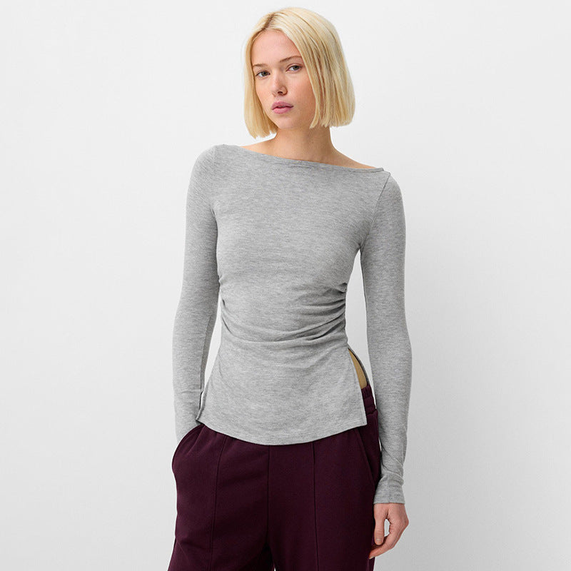 Effortlessly Chic Off-Neck Pleated Waist Long Sleeve Top with Side Slit