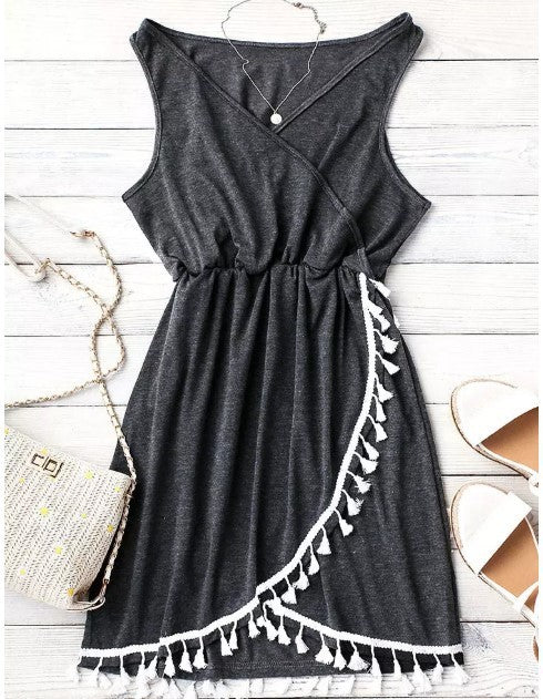 Bohemian V-Neck Sleeveless Wrap Mini Dress with Tassels - Summer Chic