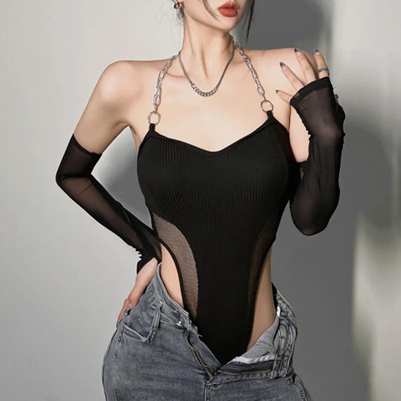 Sleek Black Chain Halter Bodysuit with Mesh Sleeves