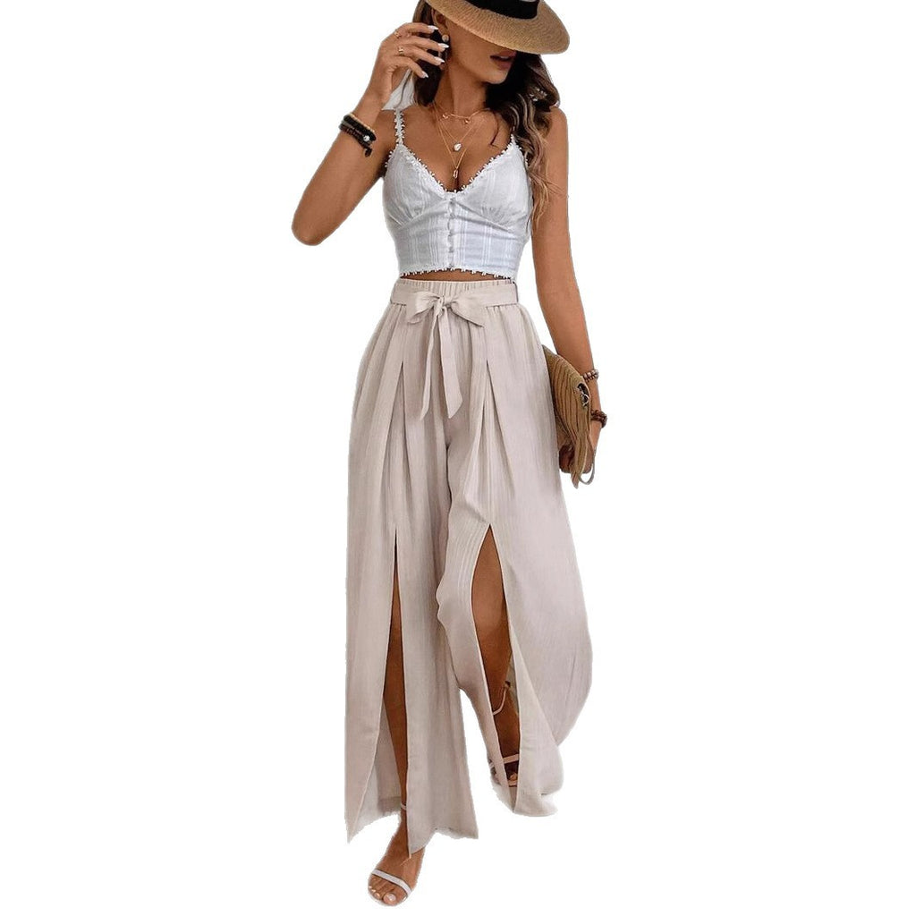 Effortlessly Chic High Waist Wide Leg Slit Flowy Casual Pants for Women