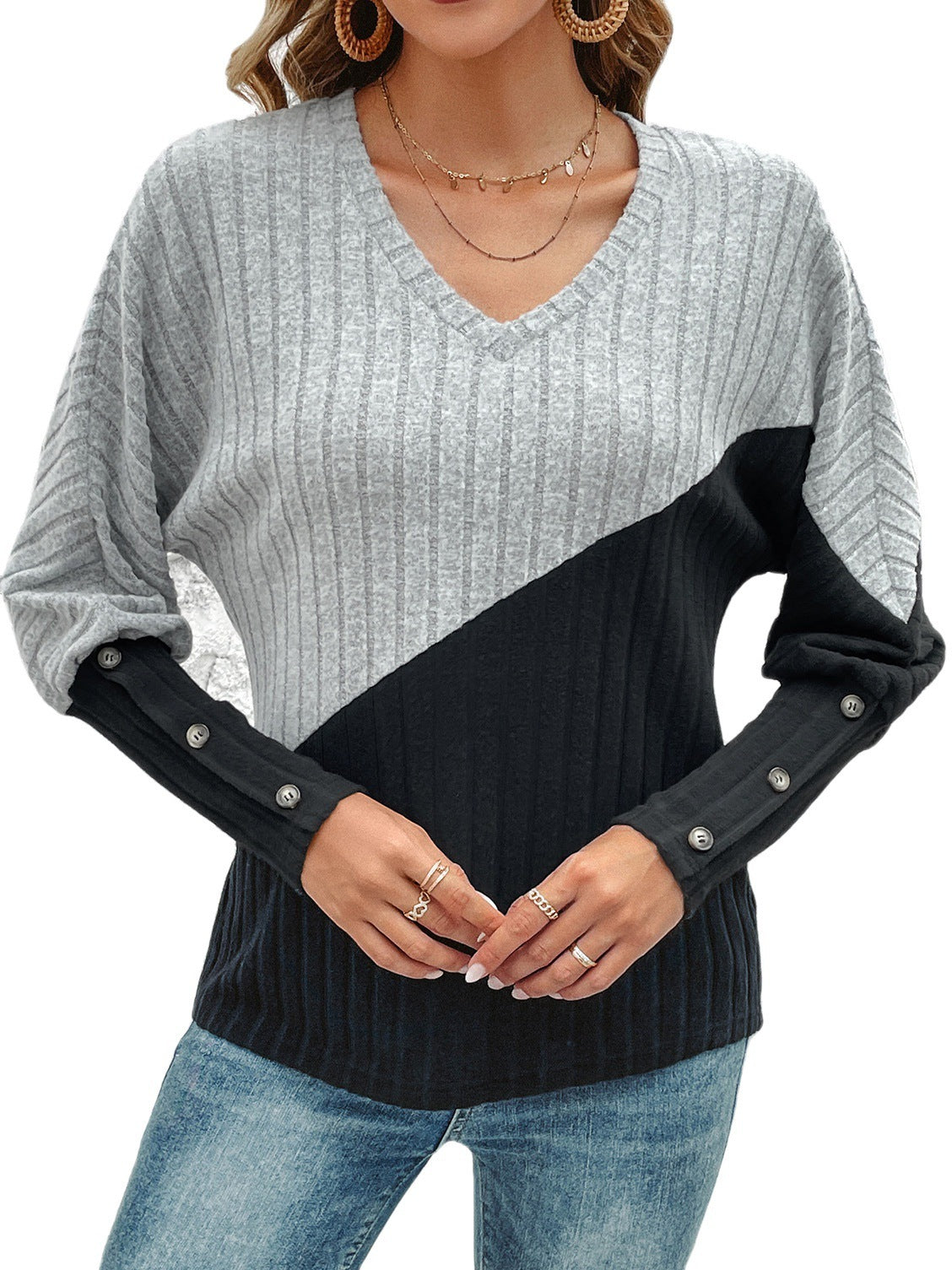 Chic Color Block Ribbed Knit V Neck Long Sleeve Sweater Top