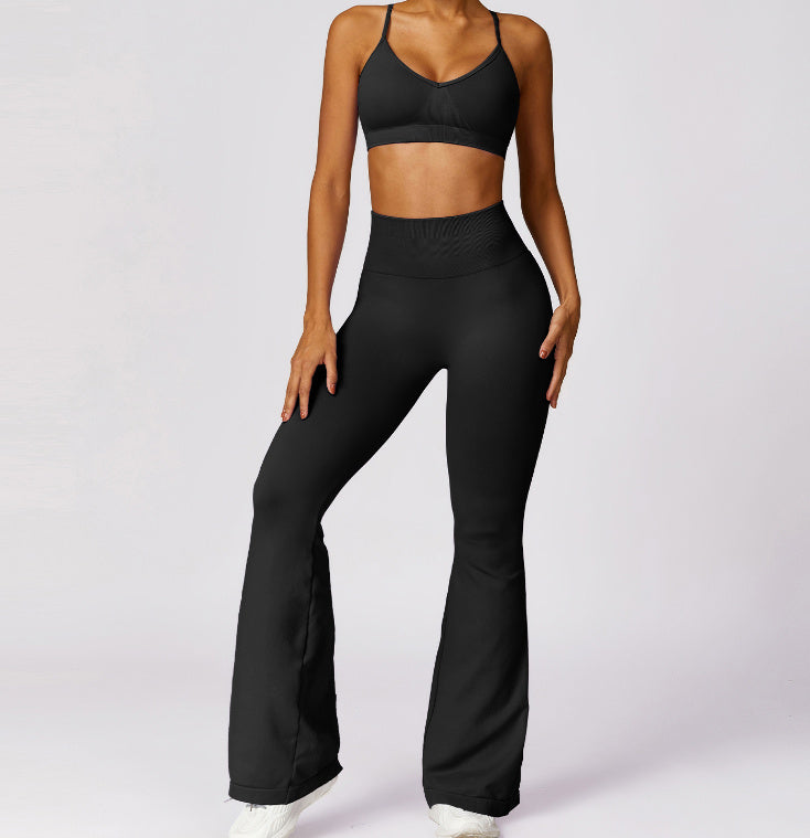 Seamless Ribbed Long Sleeve Crop Top and Flare Leggings Activewear Set