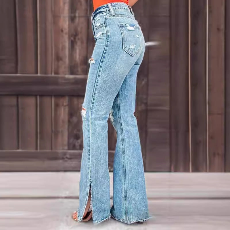 Trendy High Waist Ripped Split Hem Flare Jeans