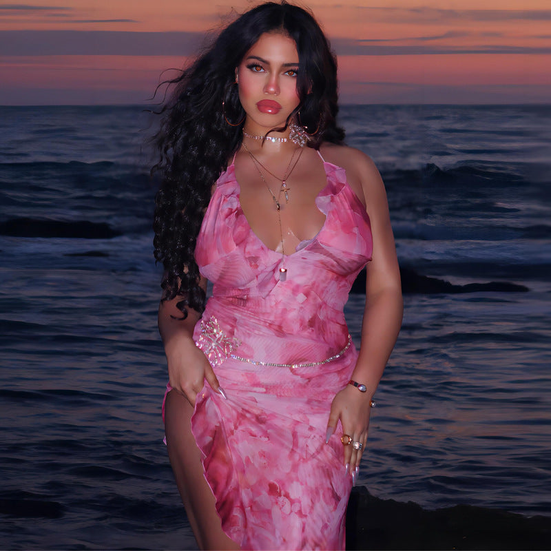 Women's Halter Backless Dress - Gradient Print Midi