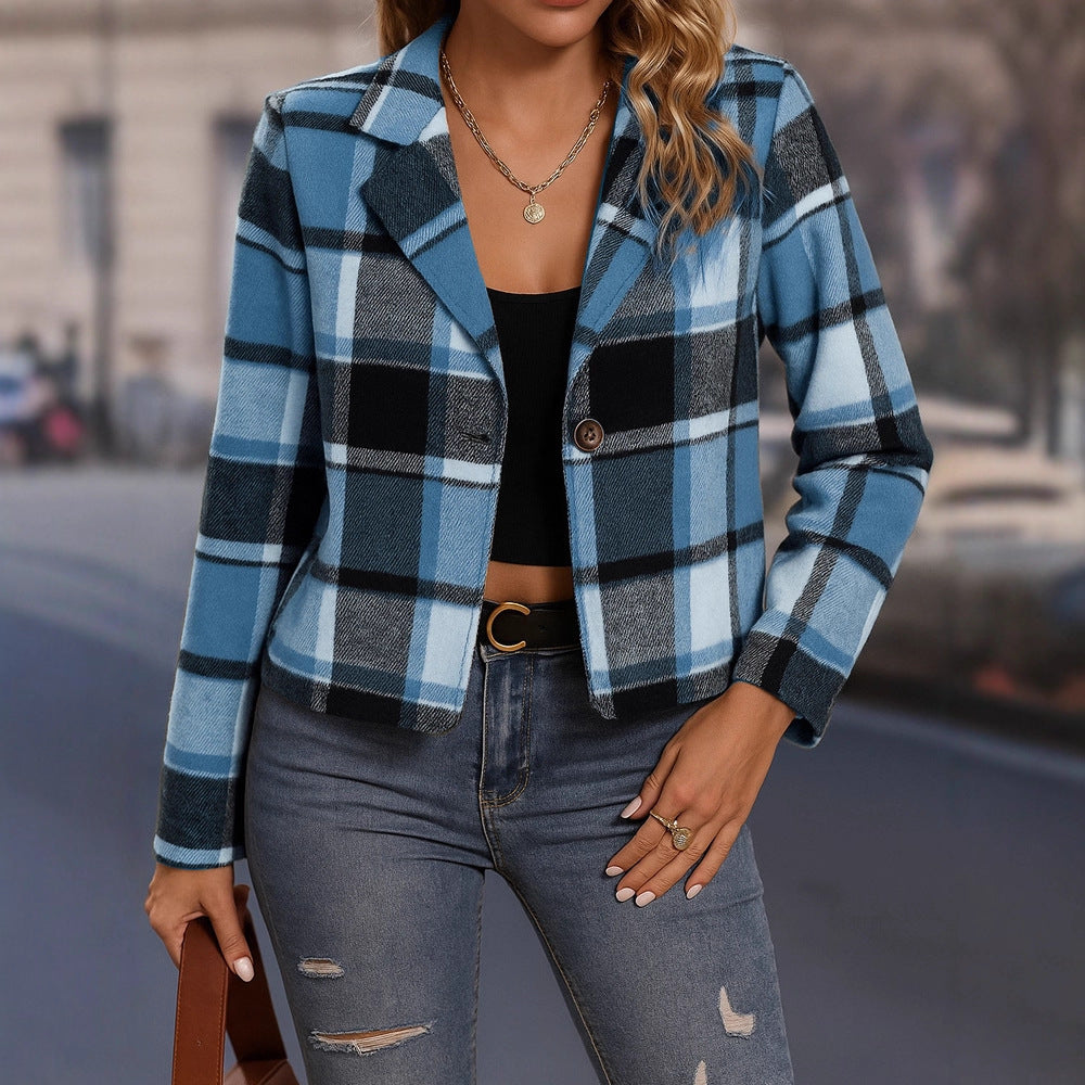 Classic Plaid Cropped Blazer Jacket for Everyday Chic Style