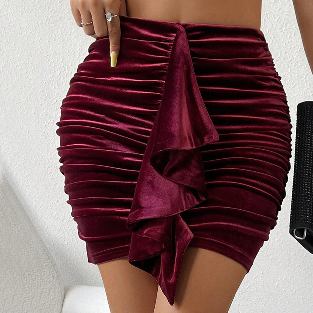 Elegant Ruched Velvet Mini Skirt with Asymmetrical Ruffle Detail
