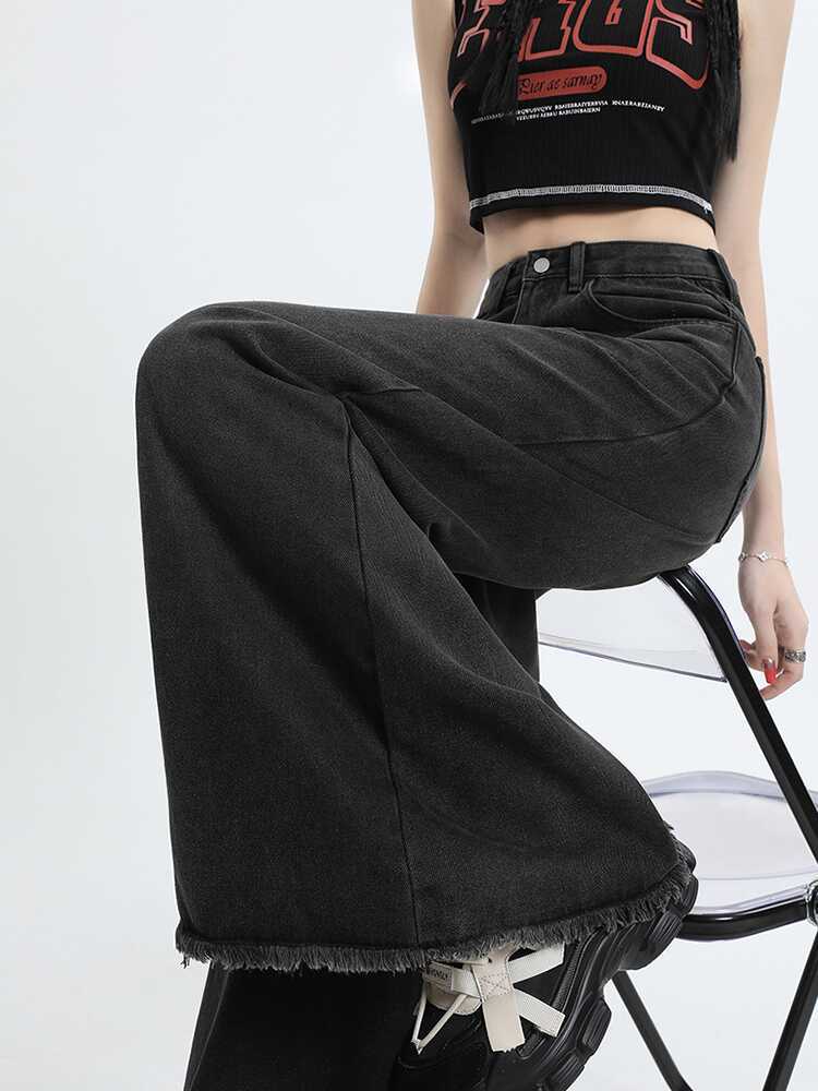 Women's High Waist Wide Leg Jeans - Retro Raw Hem Style