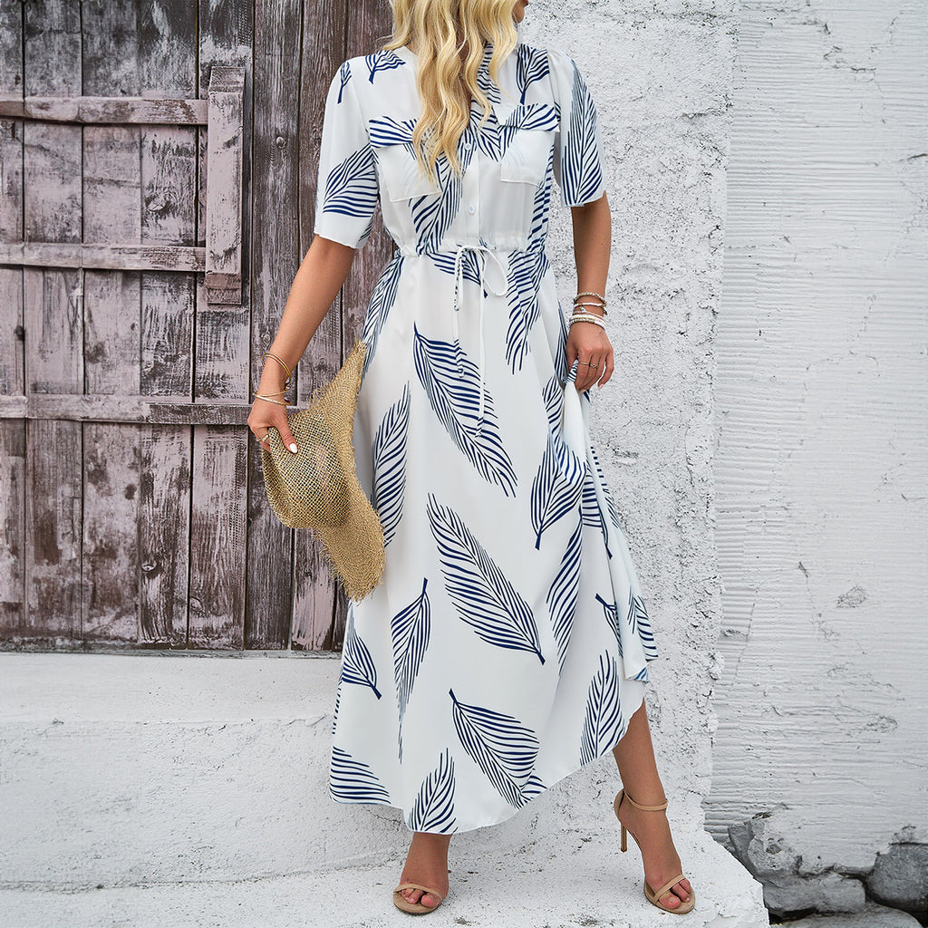 Elegant Tropical Leaf Print Short Sleeve Collared Midi A Line Dress for Summer Vacations