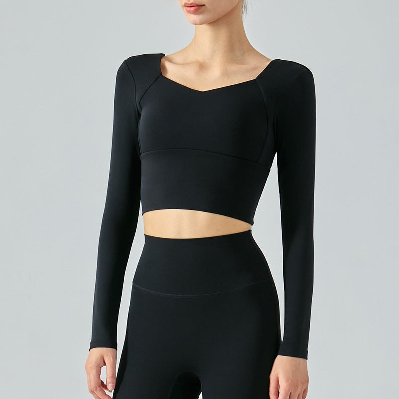 Comfortable Women's Long Sleeve Activewear Crop Top with Built-in Chest Pad for Workout and Yoga