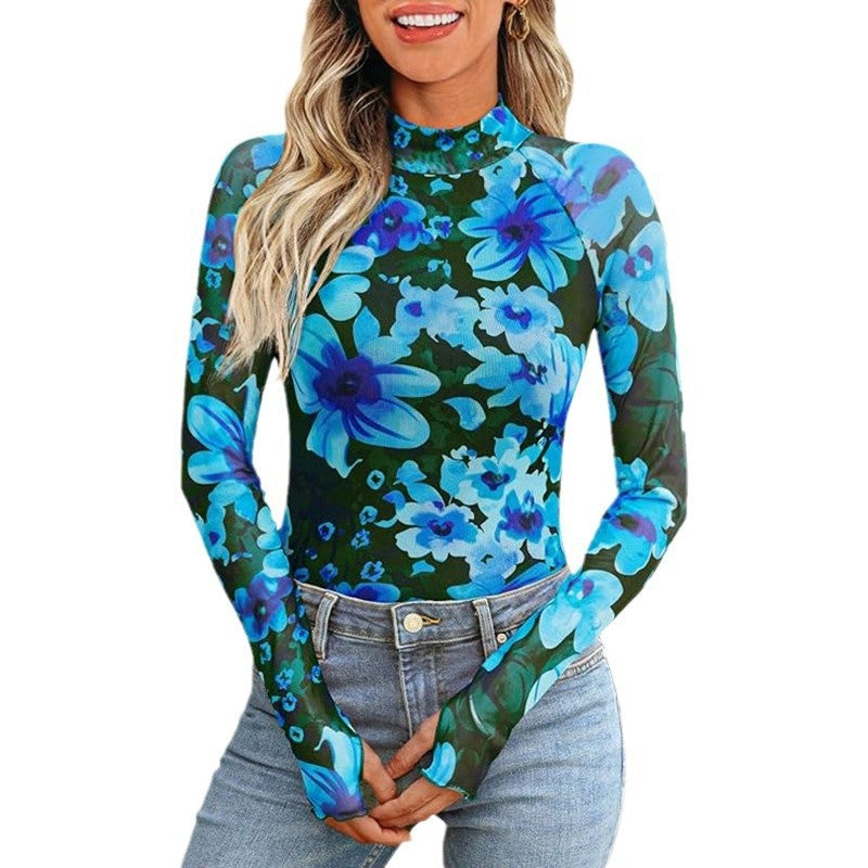Elegant Floral Print Mesh Long Sleeve Crew Neck Top