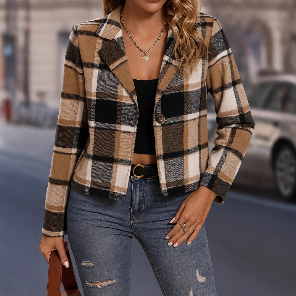 Classic Plaid Cropped Blazer Jacket for Everyday Chic Style