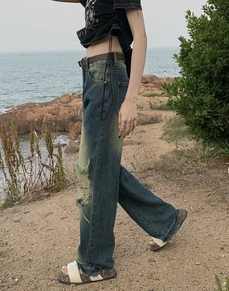 High-Waist Distressed Wide-Leg Denim Jeans