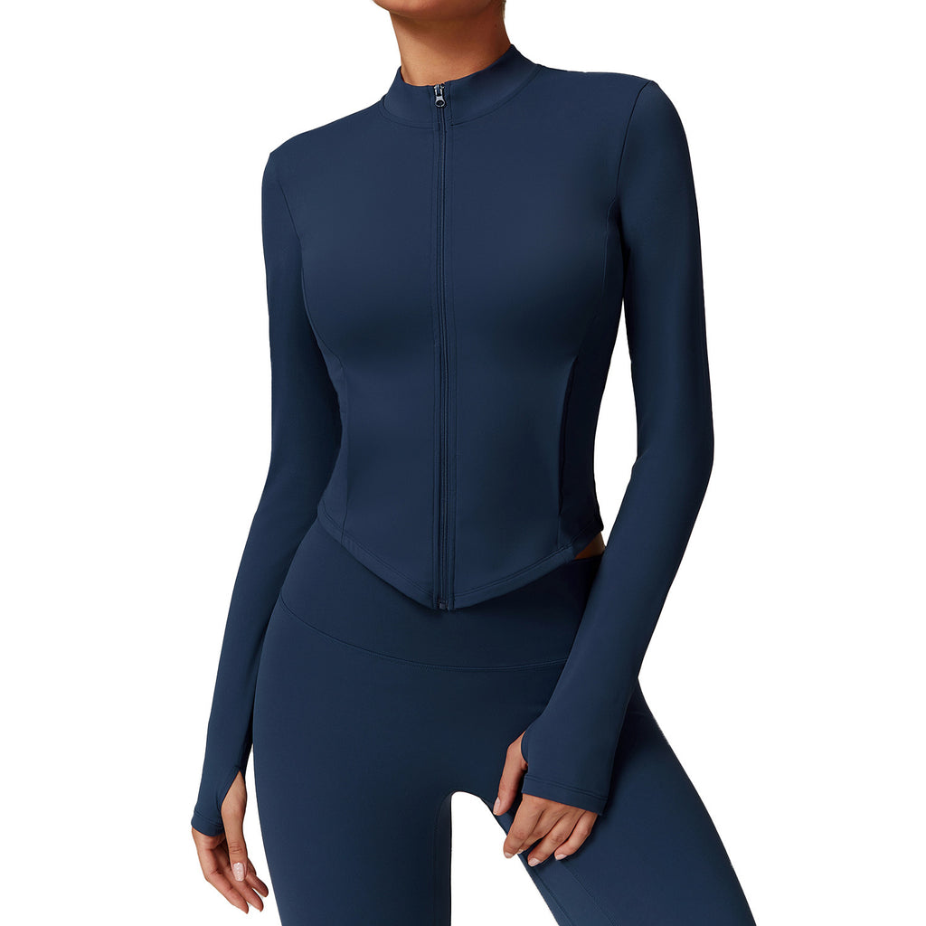 Women's Activewear Zip-Up Jacket with Stand Collar & Thumbholes