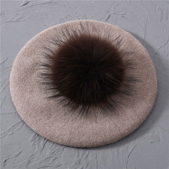 Women's Wool Beret with Real Raccoon Fur Pom Pom