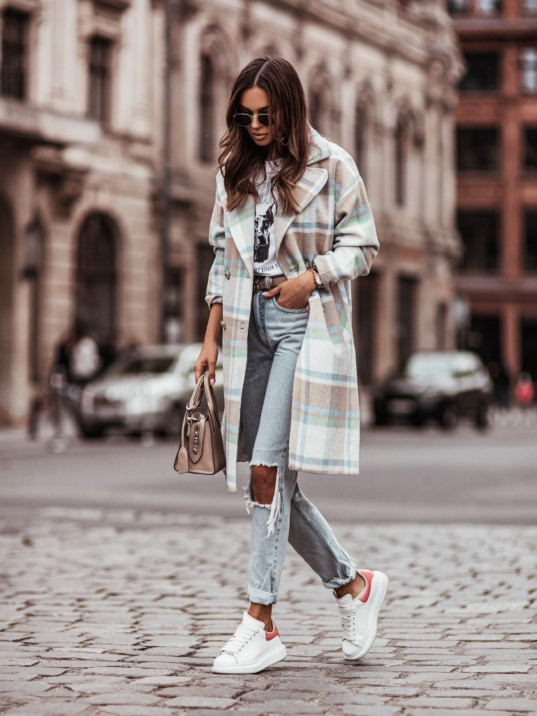 Chic Plaid Double-Breasted Long Coat for Women - Casual Winter Outerwear