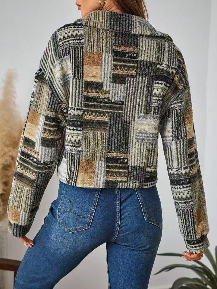 Boho Inspired Patchwork Print Plush Button Down Shacket