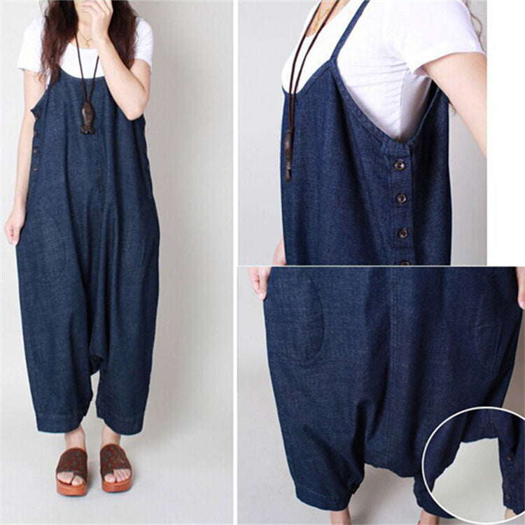 Comfortable Loose Fit Denim Overalls Midi Dress with Pockets for Everyday Wear