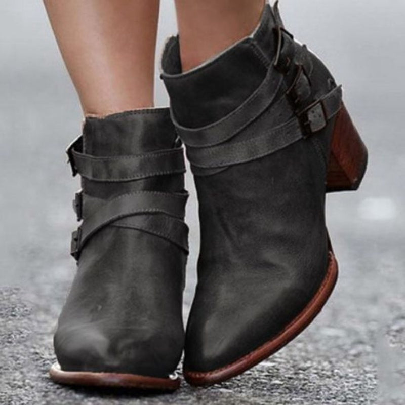 Chic Boho Buckle Block Heel Ankle Boots