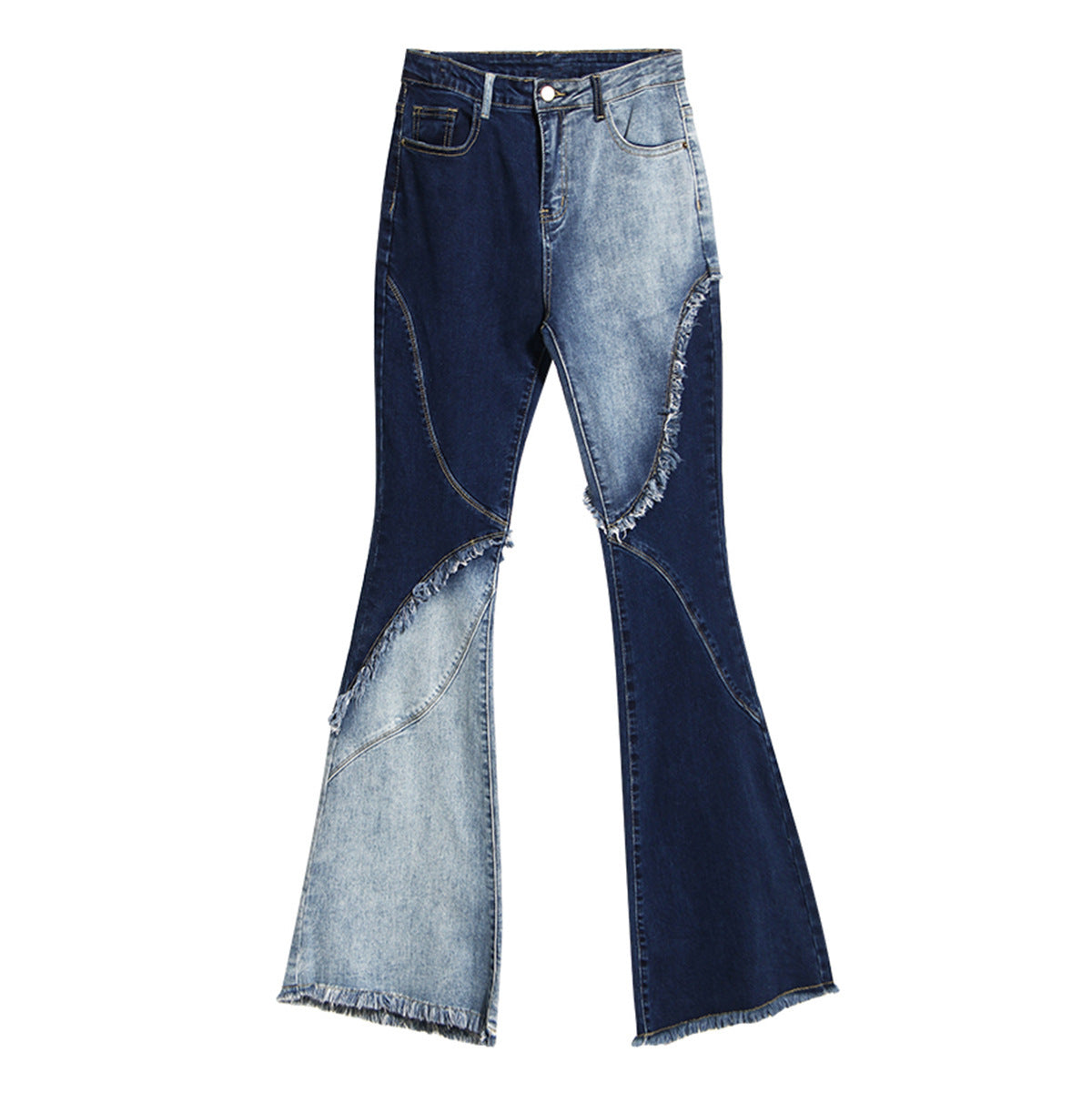 Two-Tone Flared Denim Jeans - High Waist Raw Edge