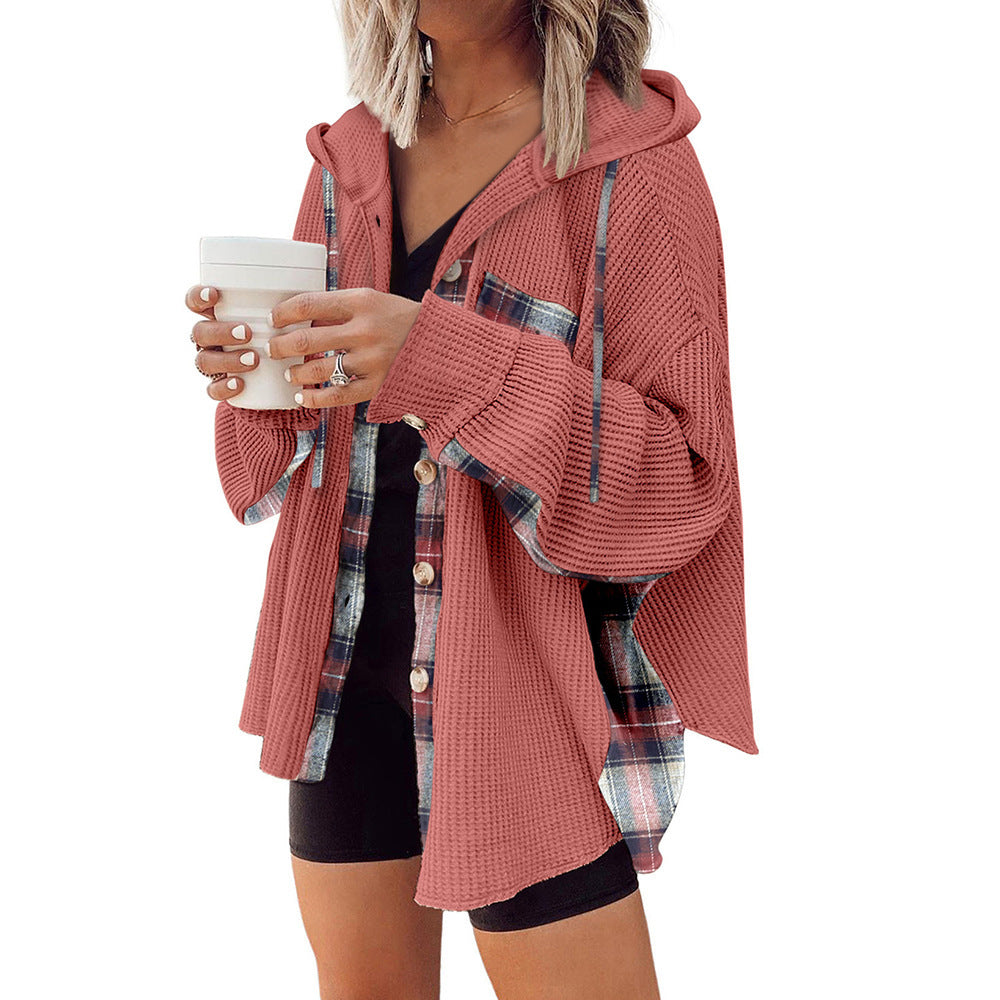 Effortless Plaid Hooded Waffle Knit Shacket for Casual Style