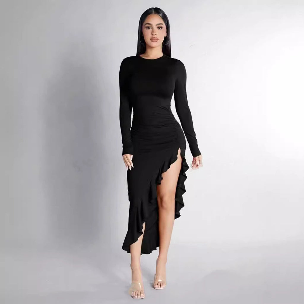 Elegant Round Neck Long Sleeve Ruched Ruffled Slit Bodycon Midi Dress