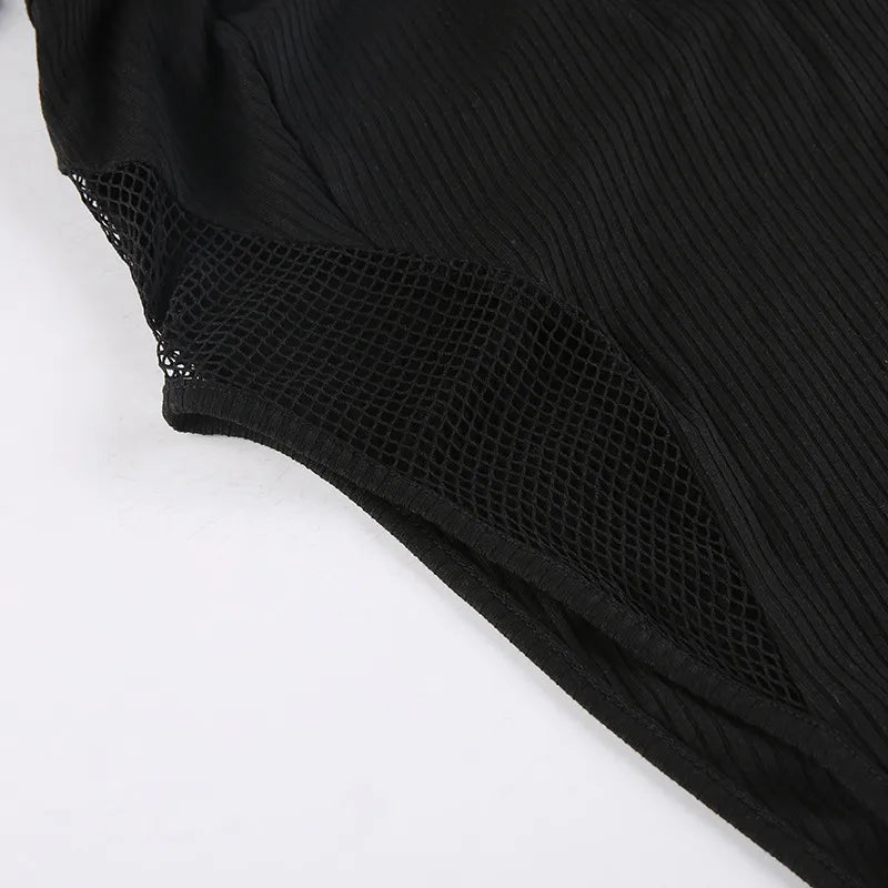 Sleek Black Chain Halter Bodysuit with Mesh Sleeves