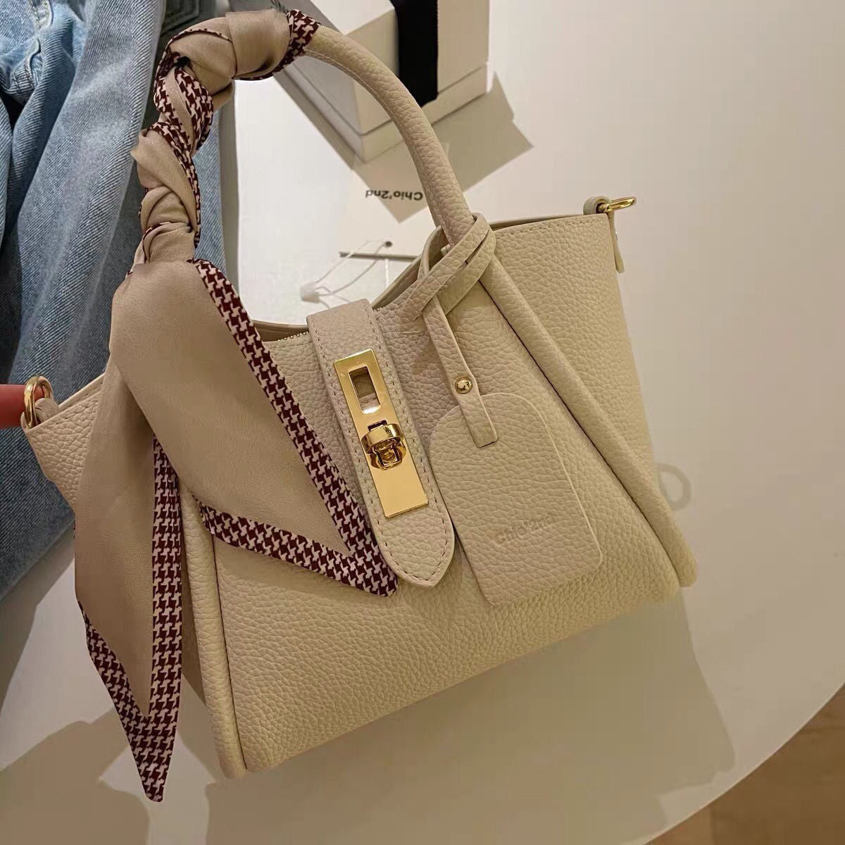 Chic Litchi Pattern Faux Leather Tote Bag with Silk Scarf