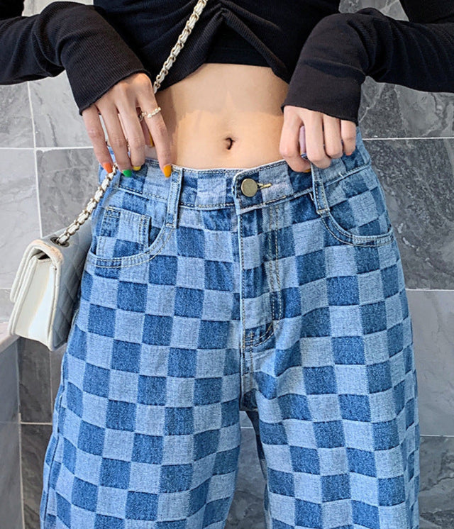 Retro Checkerboard Wide-Leg Jeans