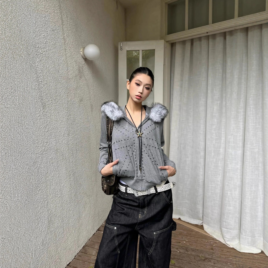 Trendy Studded Full Zip Hoodie with Faux Fur Trim and Pockets