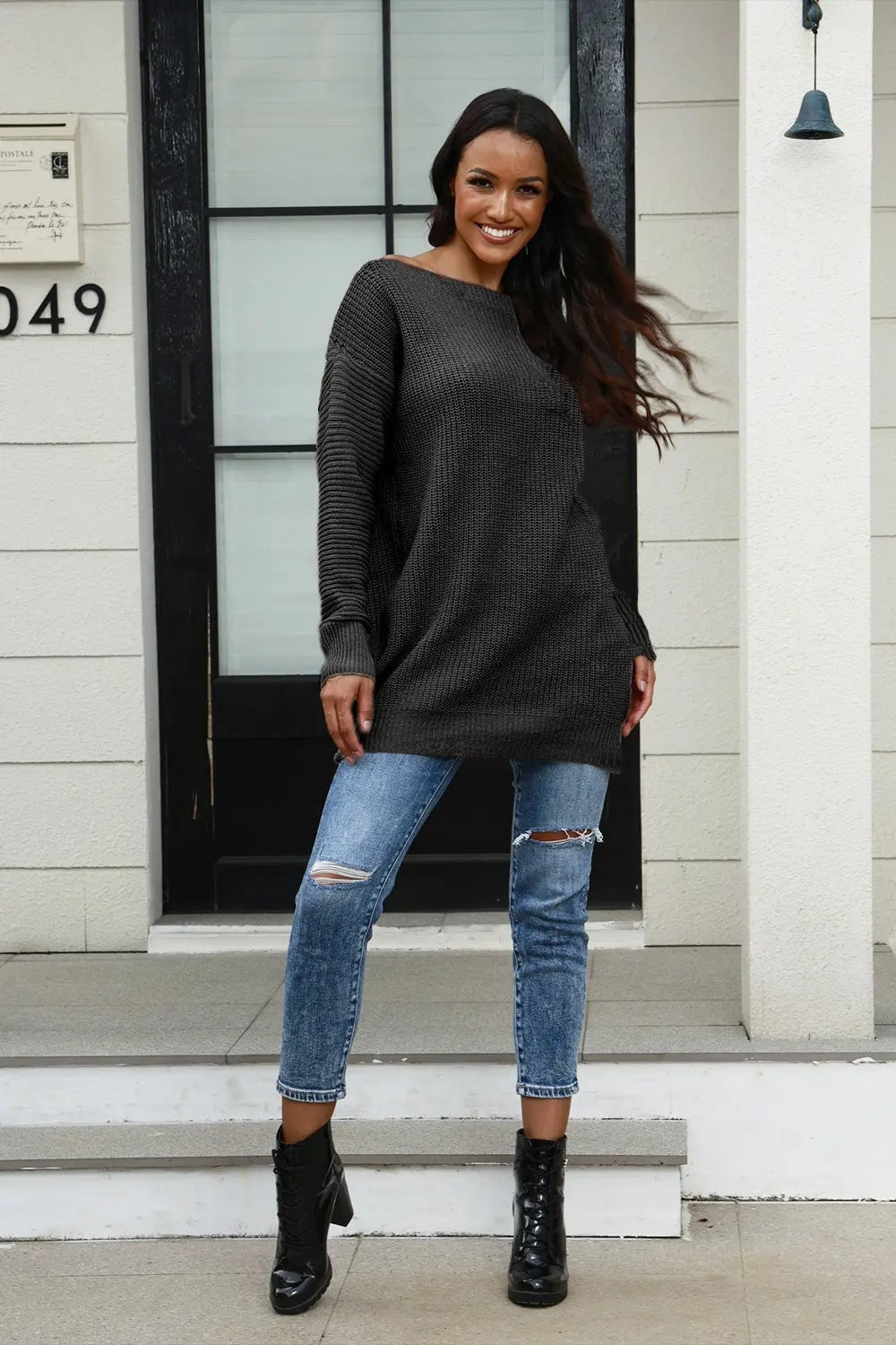Effortless Off Neck Loose Knit Pullover Sweater Tunic