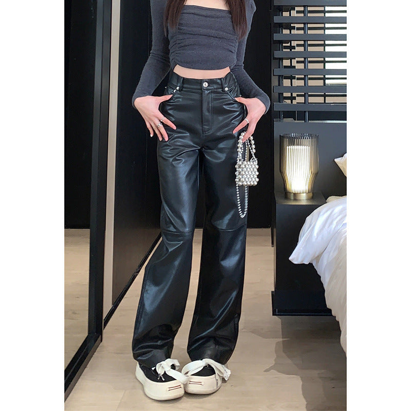 Women's High Waist Faux Leather Pants - Wide Leg Trousers