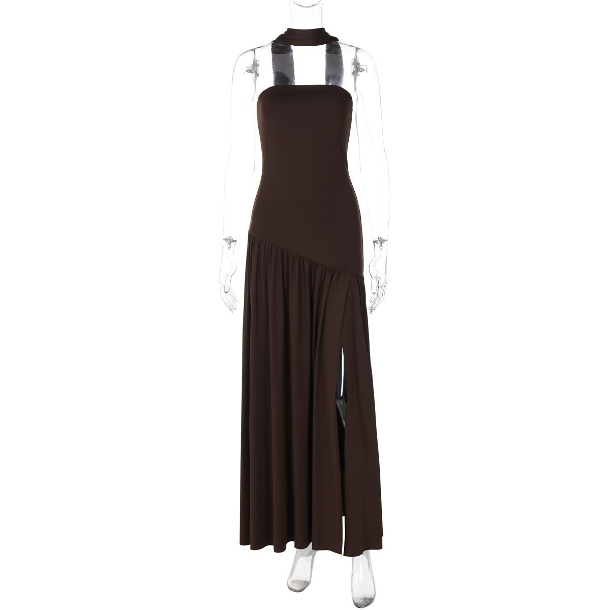 Elegant Strapless Maxi Dress with High Slit and Flowing Ribbon Detail for Special Occasions