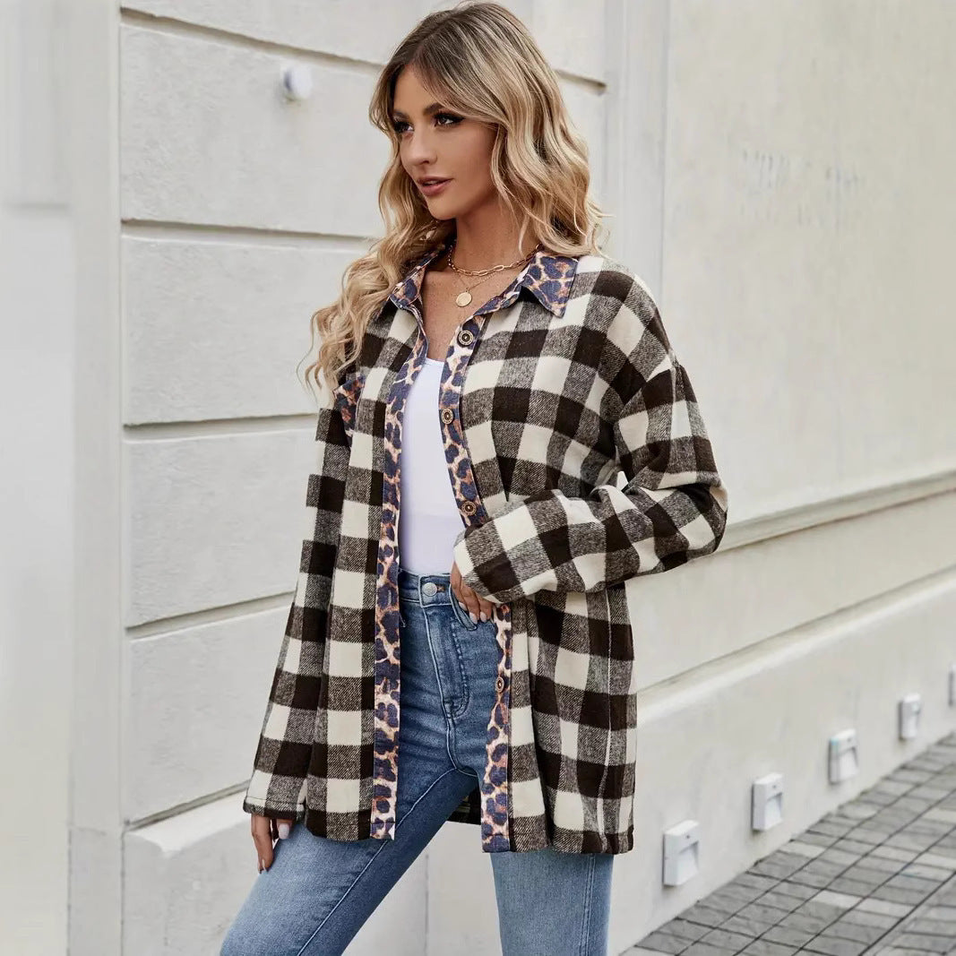 Stylish Oversized Plaid Long Sleeve Cardigan Shirt with Leopard Trim
